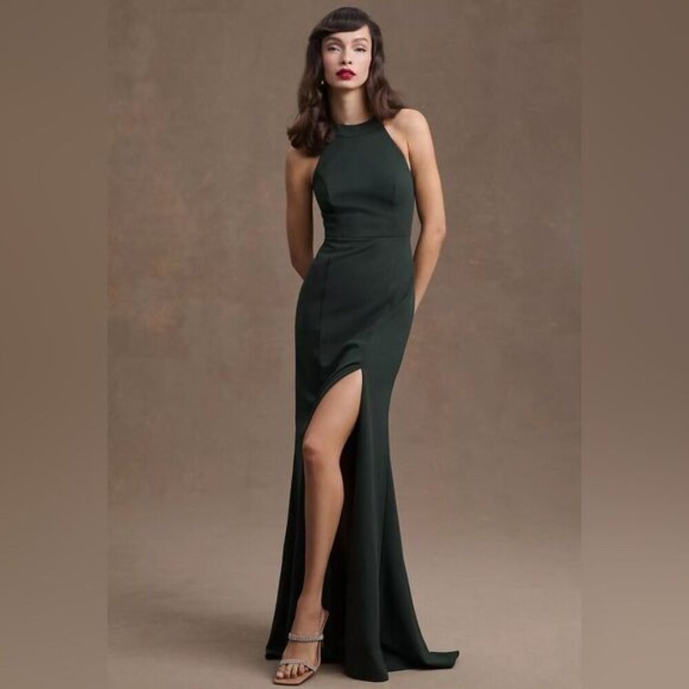 BHLDN Lennox Halter Open-Back Side-Slit Stretch Crepe Gown in Emerald Green 4